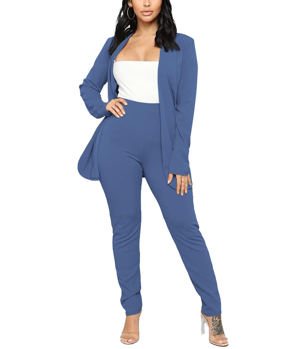Aro Lora Women's 2 Piece Outfit Casual Solid Open Front Blazer and Pencil Pant Suits Set