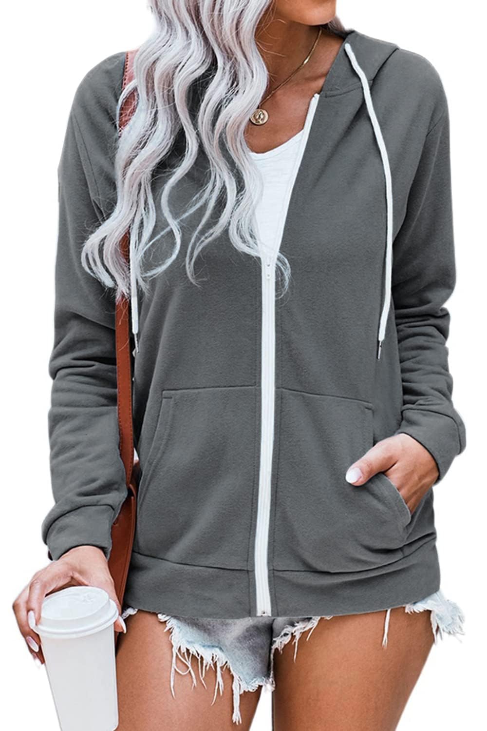 WROLEM Women Casual Full Zip Up Hoodie Comfy Loose Long Sleeve Sweatshirt Solid Color Jacket with Pockets