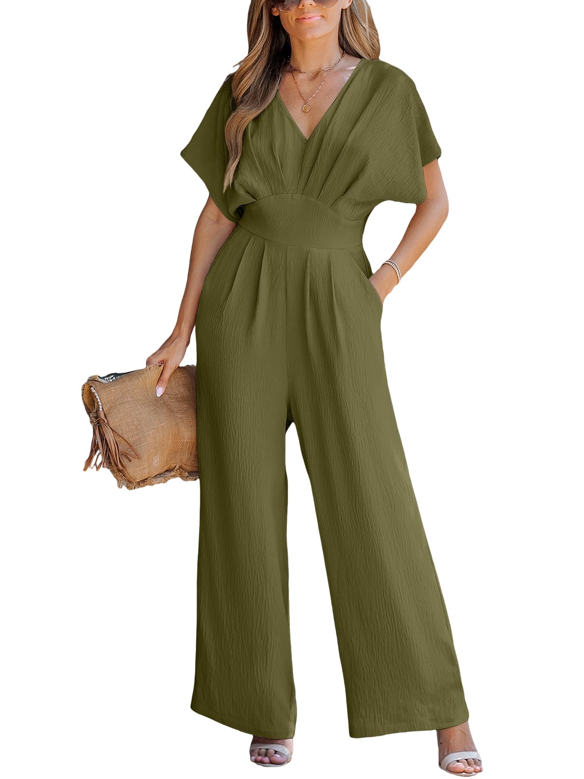 CUPSHE One Piece Jumpsuits for Women Casual Summer V Neck Batwing Sleeve Wide Leg Elegant Overalls Sexy Vacation Outfits