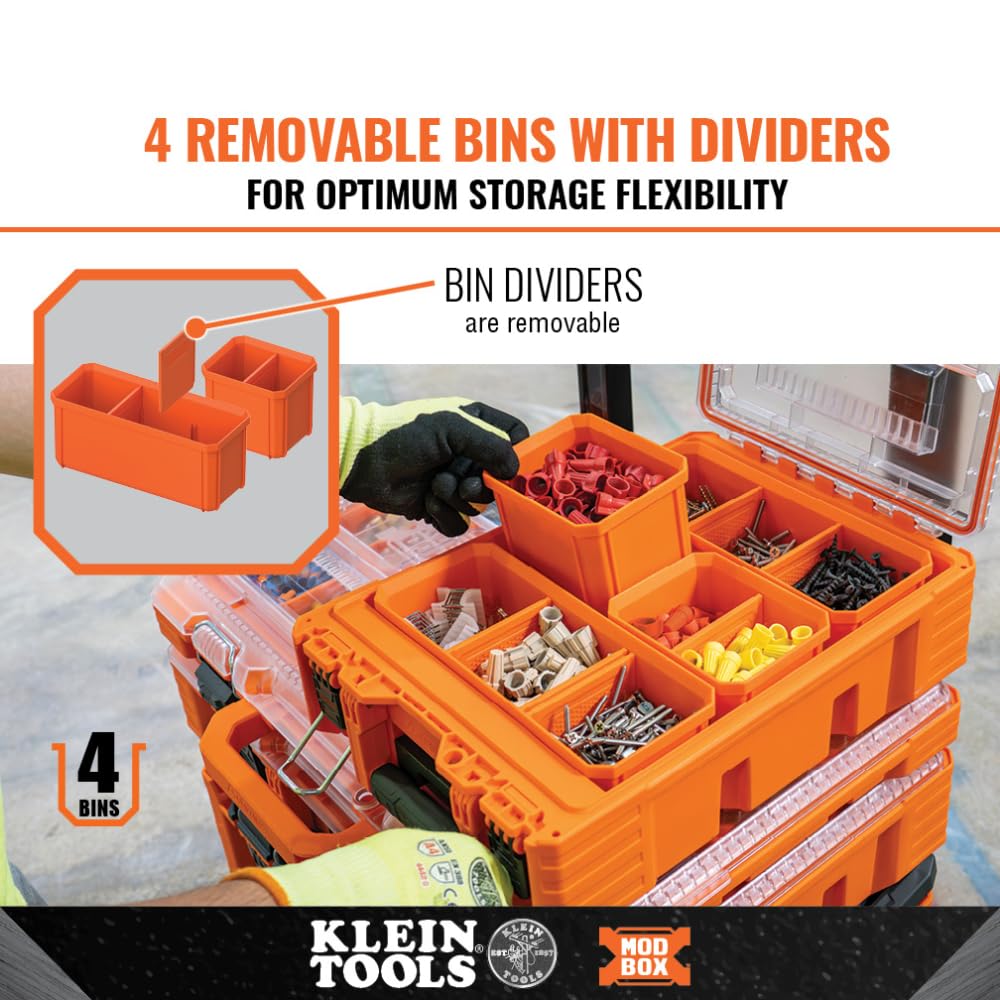 Klein Tools 54806MB MODbox Tall Compartment Box, Full-Width Tool Organizer, Small Parts Tool Box with 20 Compartments, 8 Removable Bins for Fasteners, Stackable Module