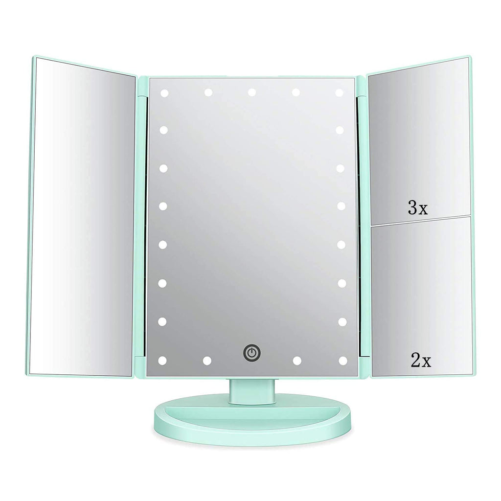Flymiro Tri-fold Lighted Vanity Makeup Mirror with 3x/2x Magnification,Light up Mirror for Makeup,Touch Screen 21 LEDs,180° Rotation Countertop Cosmetic Mirror,Gifts for Women Mom Teen Girls