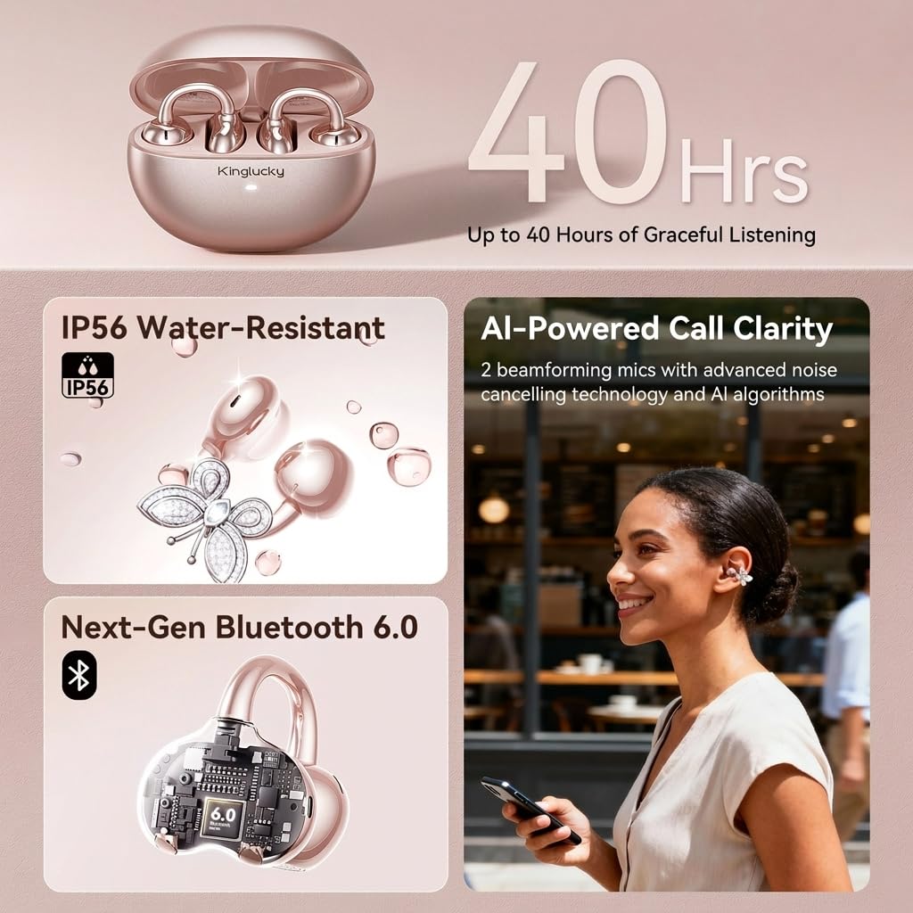 Kinglucky Jewelry-Inspired Clip-On Earbuds with Butterfly Earrings, Comfortable Fit & 40H Playtime Open Ear Bluetooth 5.4 Wireless Headphones for Women, Small Ears, Sports & Workouts (Black)