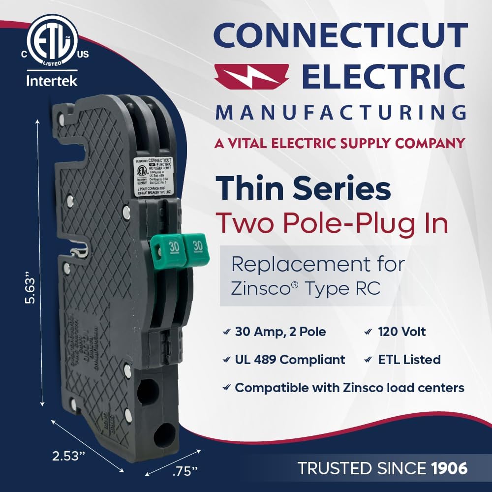 Connecticut Electric UBIZ0230 Newly Manufactured Zinsco RC3830 Replacement Two Pole 30 Amp Thin Series Circuit Breaker,240 Volts, Gray