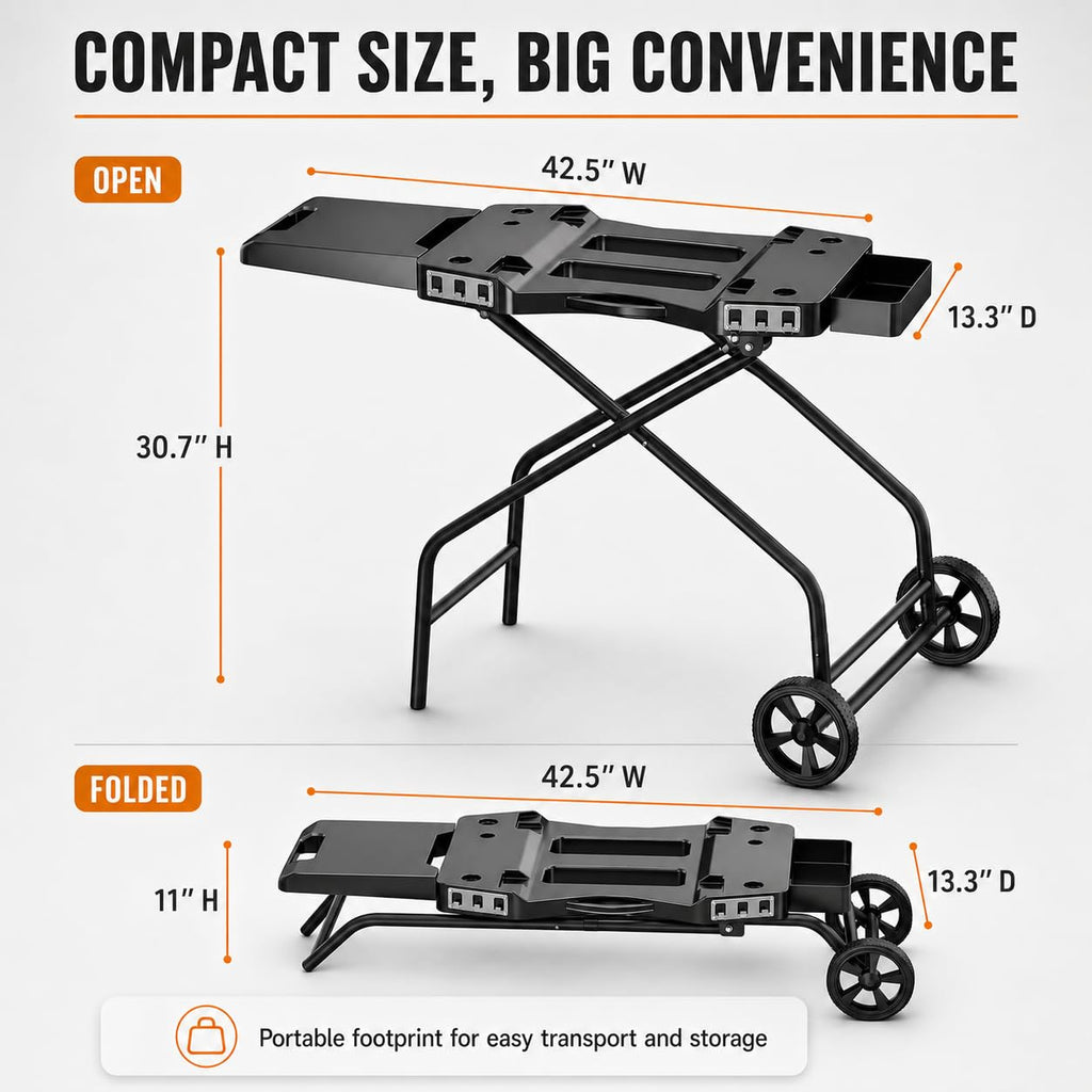 GRISUN Foldable Grill Table Stand for Ninja Woodfire Outdoor Grill（OG700/701/751), Portable Camping Table for Blackstone 22", Portable BBQ Stand with 2 Wheels, Side Table & Storage Basket