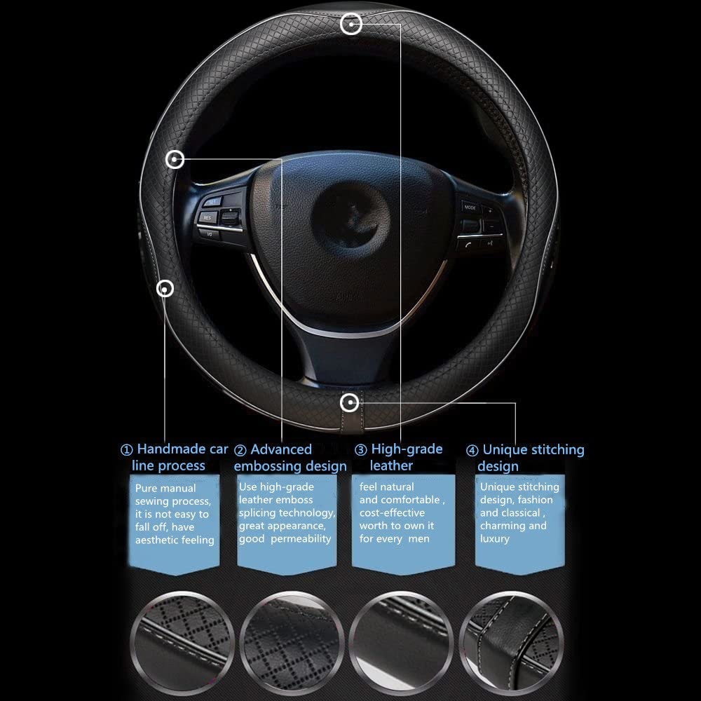 Car Steering Wheel Cover, Anti-Slip, Safety, Soft, Breathable, Heavy Duty, Thick, Full Surround, Sports Style (Black)