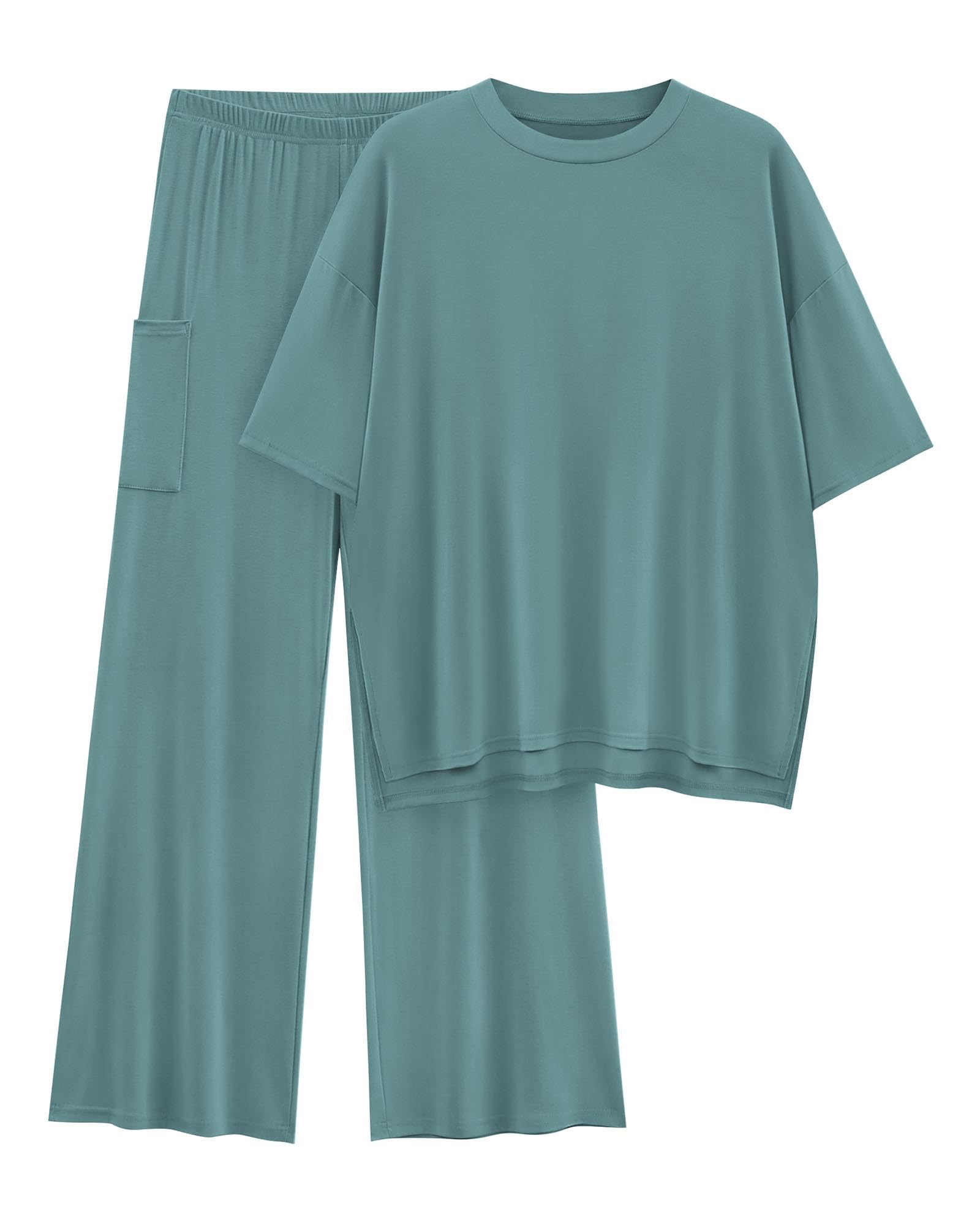KIRUNDO 2 Piece Lounge Sets for Women Airport Travel Vacation Outfits Summer Casual Loose Short Sleeve Tops & Wide Leg Pants