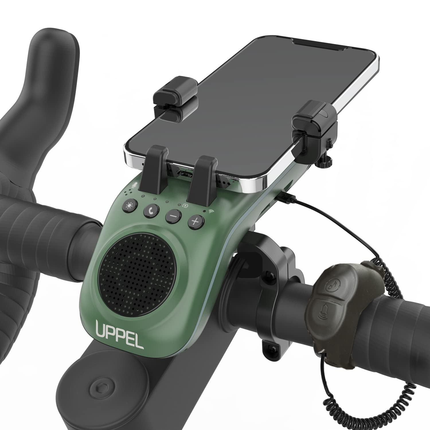 UPPEL Bluetooth Speaker Bicycle, Multifunctional Bike Phone Holder 10-in-1- LED Light - Bike Horn - Microphone - Ideal for Road & Mountain Bike (Black)
