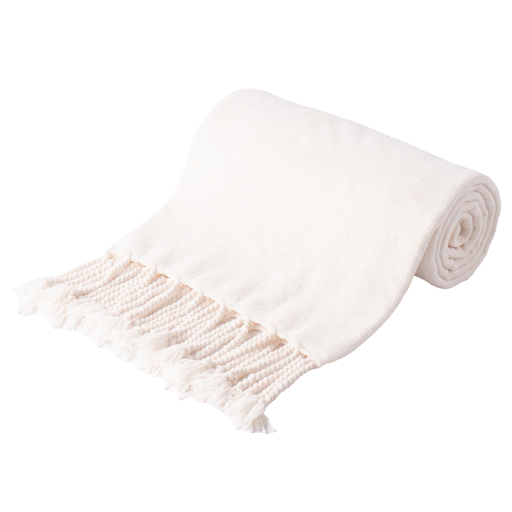 BATTILO HOME Beige Chenille Throw Blanket for Couch, Soft Cozy Textured Knit Throw Blanket with Handmade Fringe Tassels, Lightweight Decorative Farmhouse Blanket for Sofa Bed Chair, 50"x60"