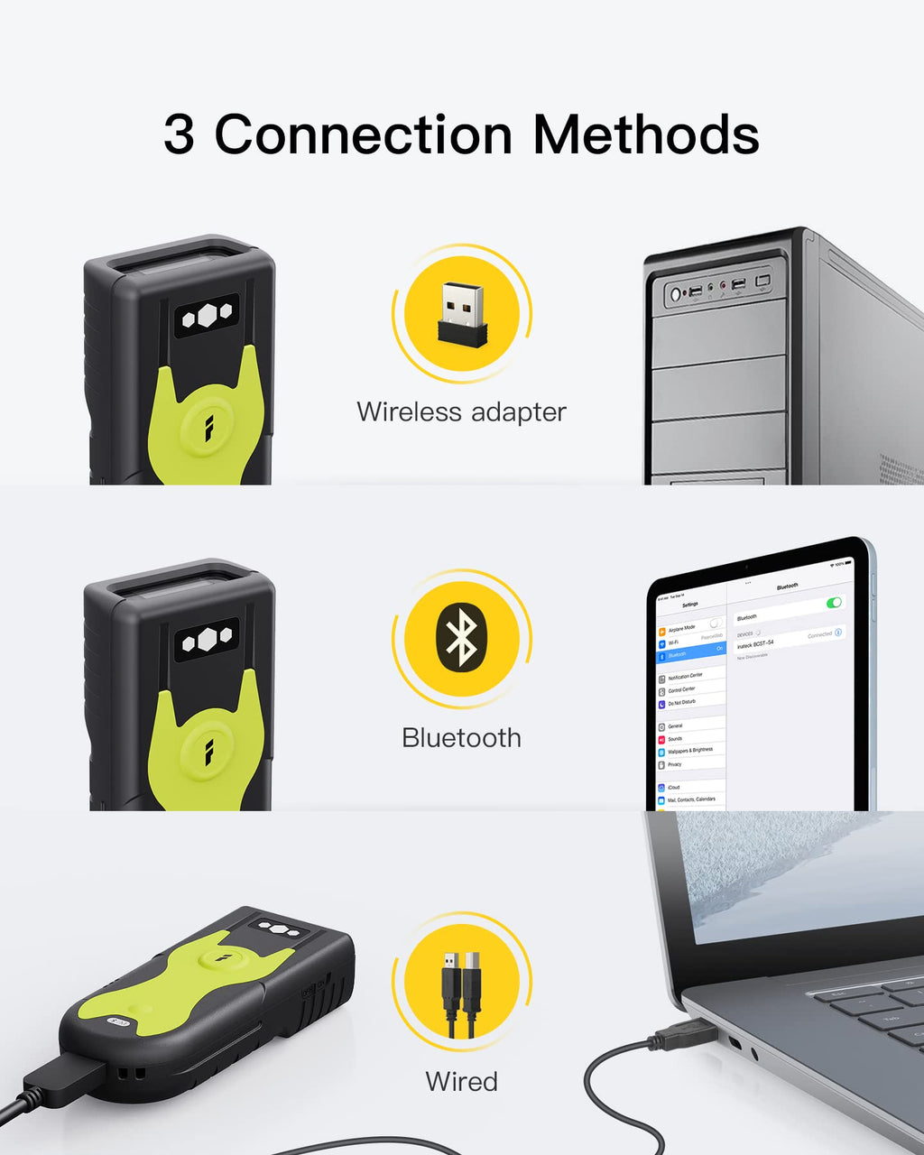 Inateck Bluetooth Scanner 1D Barcode Scanner 2.4Ghz USB Adapter, Screen Scanning, Exclusive Shortcuts, BCST-43