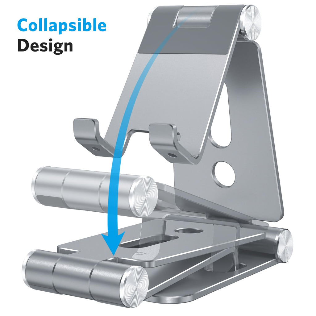 OMOTON Foldable Cell Phone Stand, C4 Portable Aluminum Phone Holder, Adjustable Phone Dock Cradle for iPhone 17/16/15 Pro Max Air, Small Tablets, All Smart Phones for Women Men Gift, Silver
