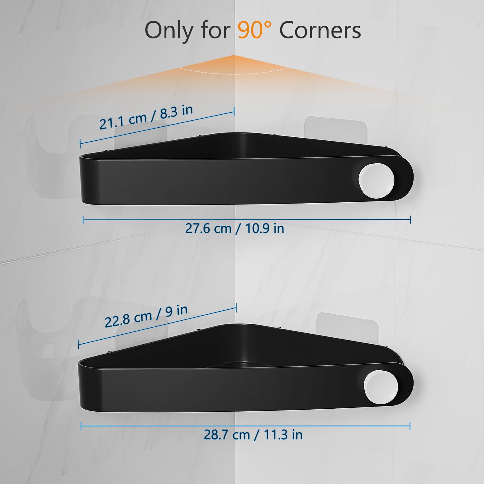 Sotfamily Plastic Shower Caddy Corner (for 90° Only), 2 Pack Adhesive Corner Shower Shelves for Bathroom Organizers and Storage, Black