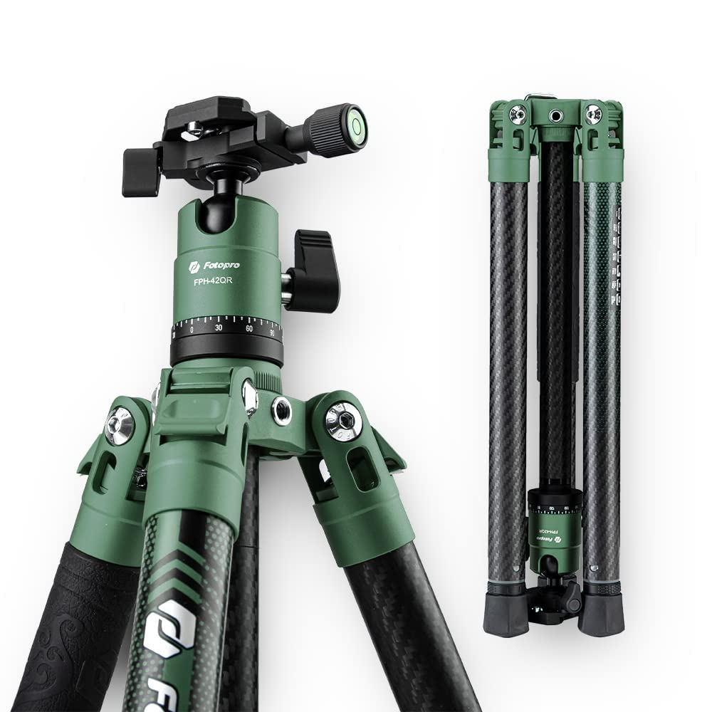 Fotopro 60" Camera Tripod, Carbon Fiber Travel Tripod with 360° Ball Head, Ultralight 2.1lbs, 22lbs Load, Quick Lock, Folds to 14.3" Carry-On, for DSLR Mirrorless Cameras, X-Aircross 3 Blue