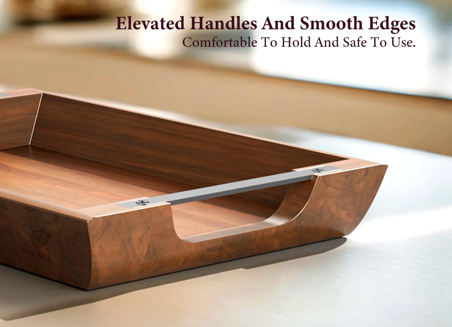 Acacia Wood Serving Tray with Metal Handles, 17x13in Food Drinks Tray for Coffee Table, Breakfast, Dinner & Bar, Rustic Decorative Storage Tray for Ottoman, Kitchen, Elegent Gift for Father
