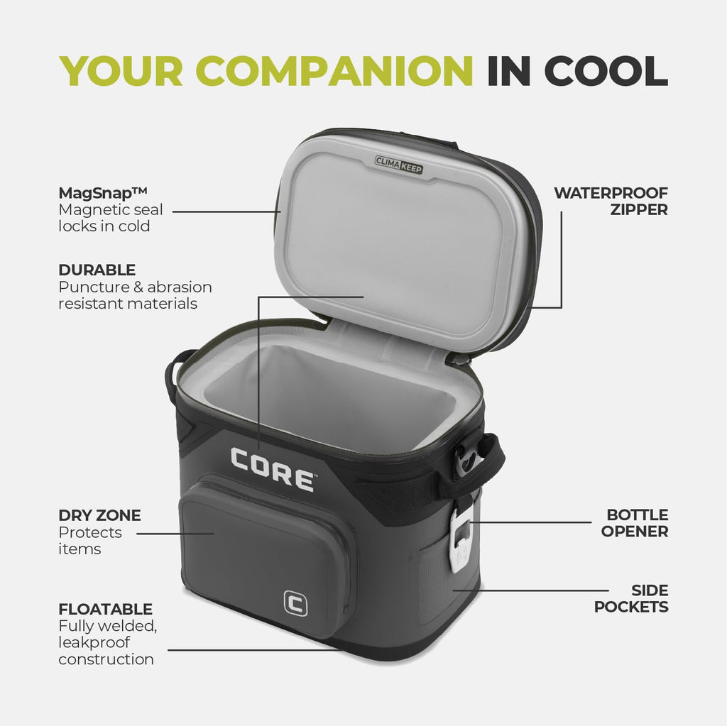 CORE Magnetic Leak Proof Soft Cooler with Waterproof Zipper | Insulated Bag Portable Ice Chest Box | Best Soft Cooler for Food & Beverages for Tailgating, Car Camping, Travel, and Family Beach Picnics