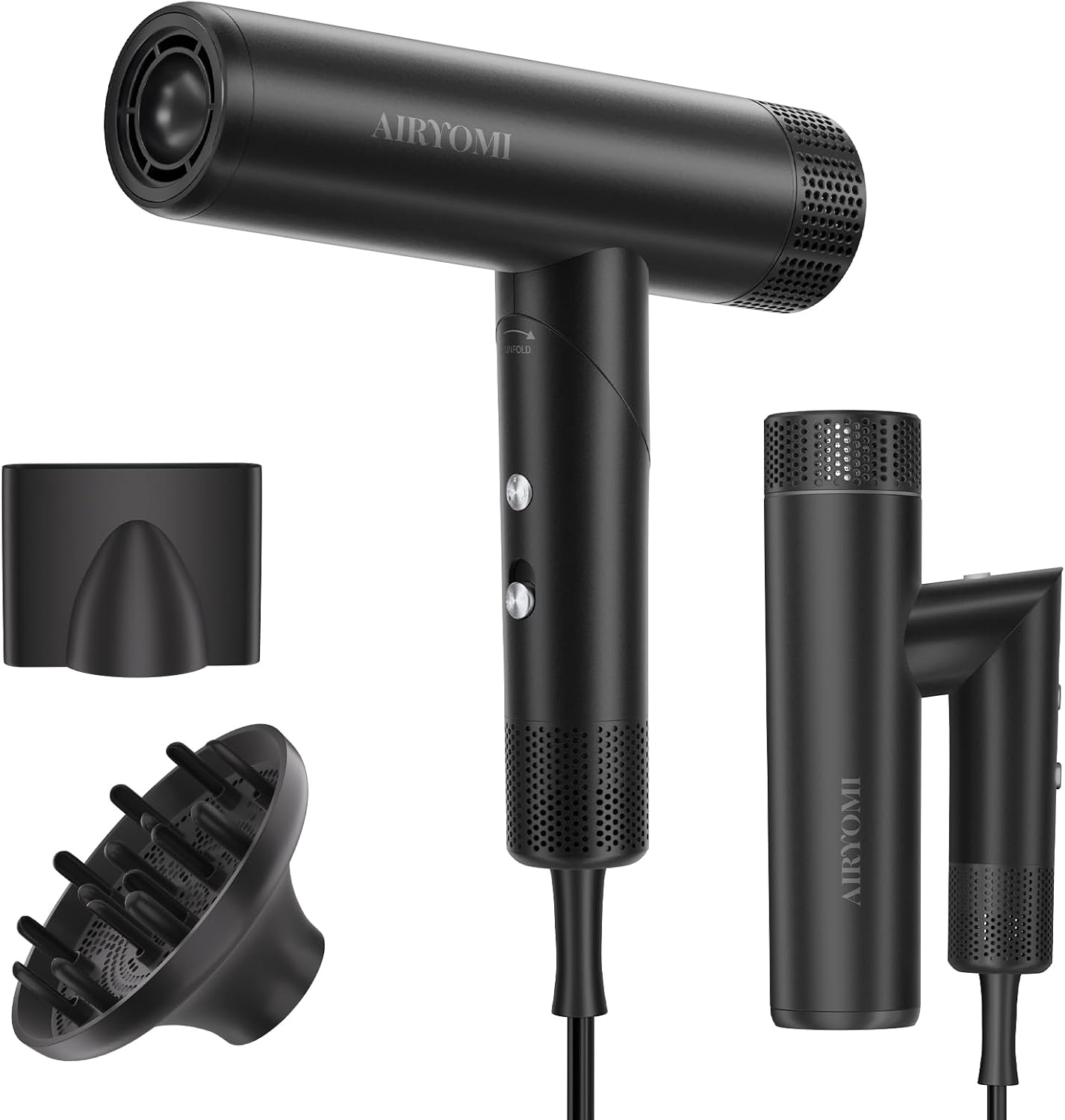 Hair Dryer, Professional Brushless Motor Ionic Hair Blow Dryer with Diffuser, Magnetic Nozzles, 0.83Pound, 2000W, 60dB, 3 Heat Settings & 3 Speed & Cold Settings, Diffuser Hair Dryer, Black