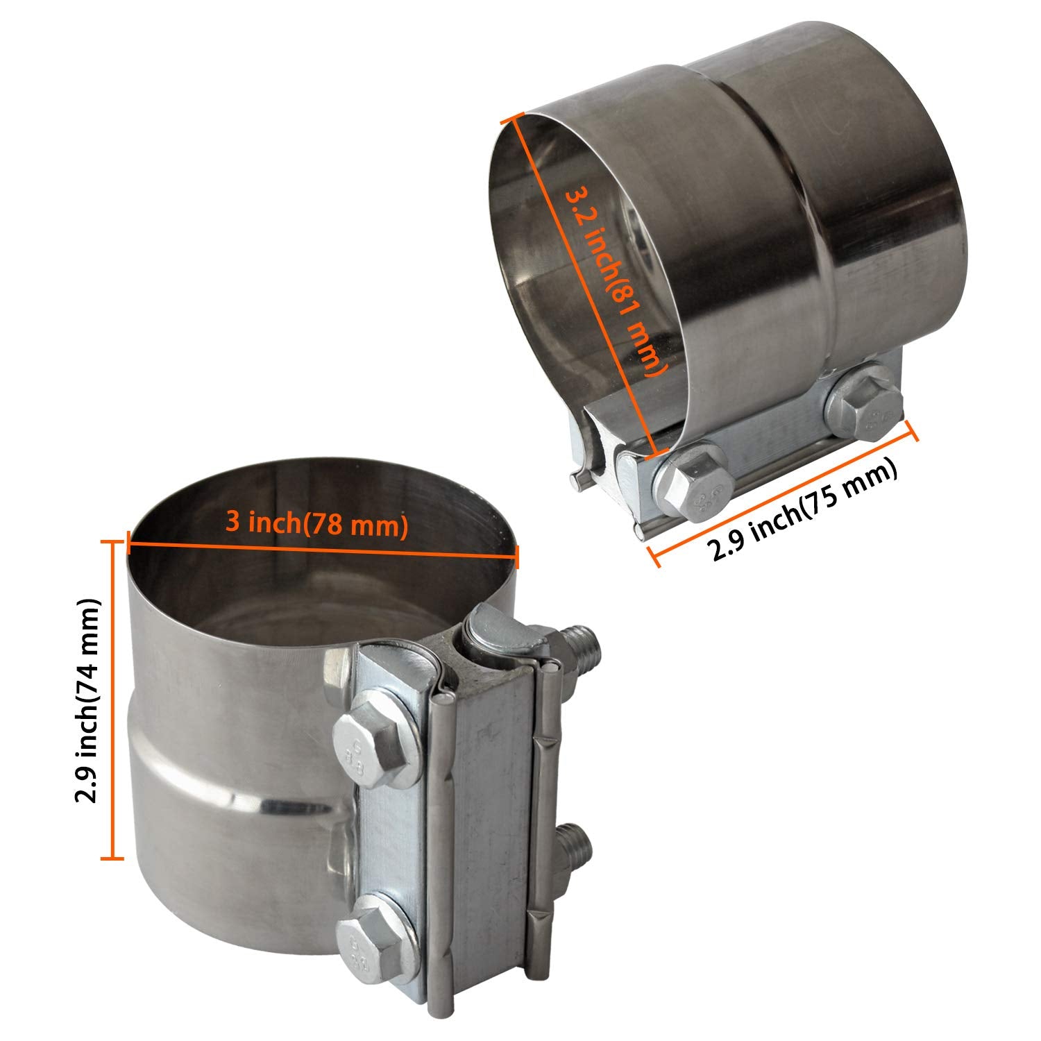 Exhaust Clamps Band Clamp 2.5" Lap Joint - Stainless Steel Lap Joint Exhaust Band Clamp with 1 Block 2Pcs for 2.5" Od to 2.5" Id Exhaust Pipe, Muffler, Elbow and Exhaust Tubing Connection(2 Pack)