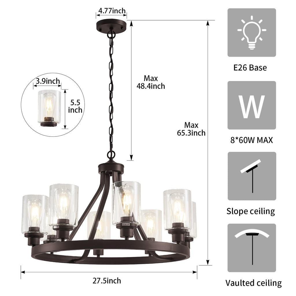 Lanhall 6-Light Modern Dining Room Light Fixture Brushed Nickel Kitchen Chandelier Ceiling Hanging Pendant Lighting with Glass Shade for Living Room Bedroom Entryway Adjustable Height Metal E26