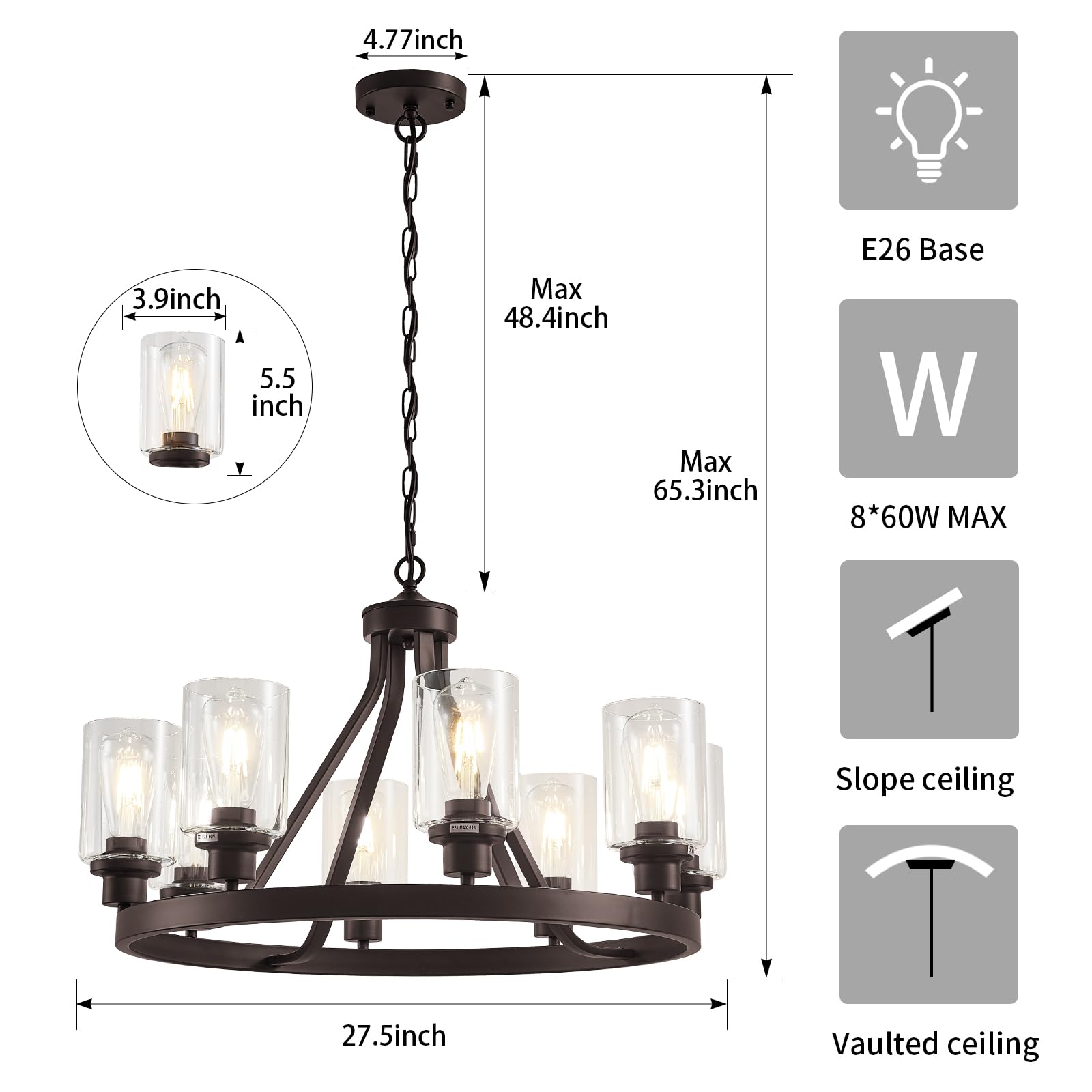 Lanhall 6-Light Modern Dining Room Light Fixture Brushed Nickel Kitchen Chandelier Ceiling Hanging Pendant Lighting with Glass Shade for Living Room Bedroom Entryway Adjustable Height Metal E26