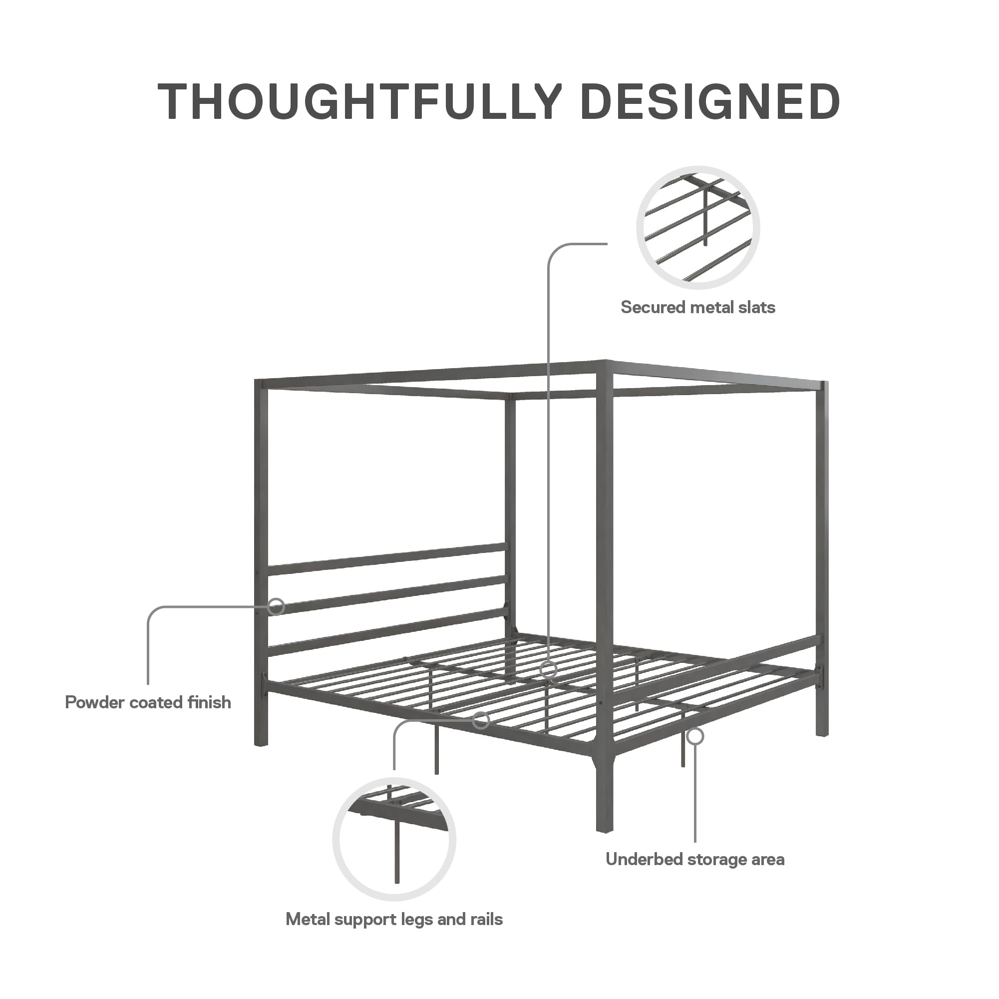DHP King Metal Canopy Bed, Modern Design with Built-In Headboard, Sturdy Frame, No Box Spring Needed, Gunmetal Gray