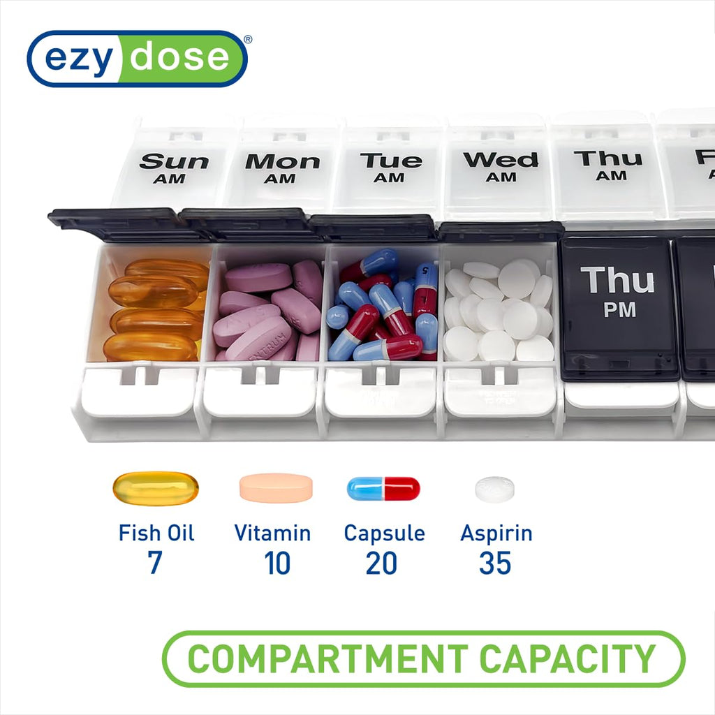 EZY DOSE Push Button (7-Day) Pill Case, Medicine Planner, Vitamin Organizer, 2 Times a Day, AM/PM Container, X-Large Compartments, Arthritis Friendly, Easy to Use, Transparent Lids, Black, BPA Free