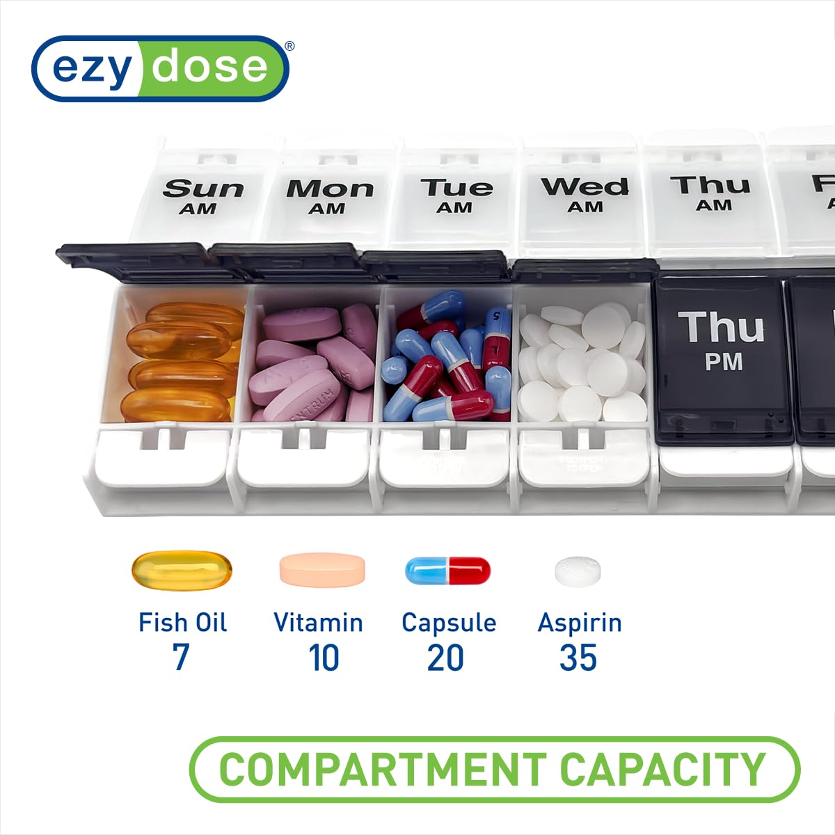 EZY DOSE Push Button (7-Day) Pill Case, Medicine Planner, Vitamin Organizer, 2 Times a Day, AM/PM Container, X-Large Compartments, Arthritis Friendly, Easy to Use, Transparent Lids, Black, BPA Free