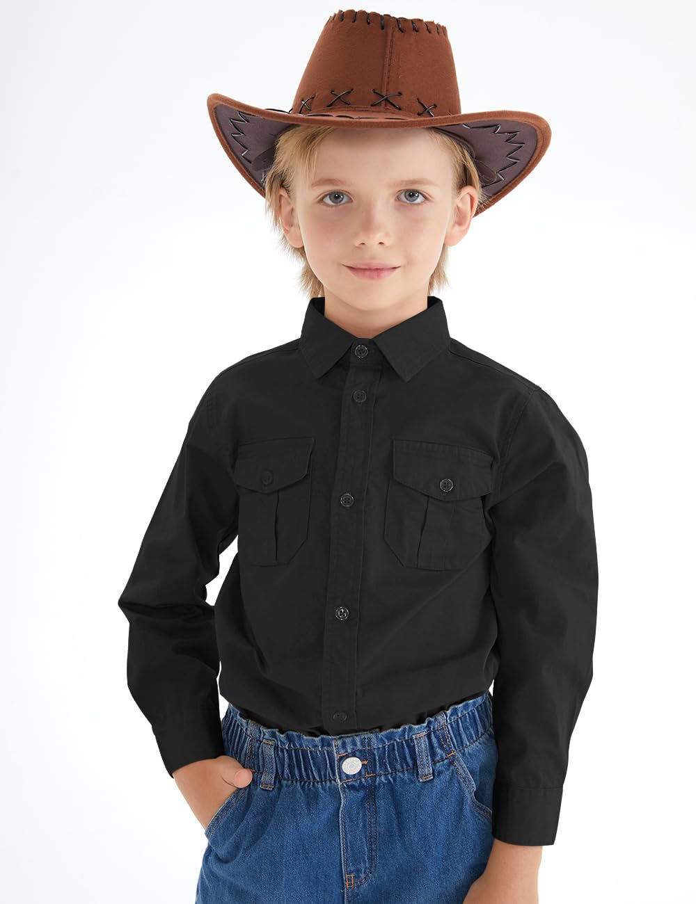 Spring&Gege Boys' Long Sleeve Button Down Shirt for Kids Woven Solid Two Pockets