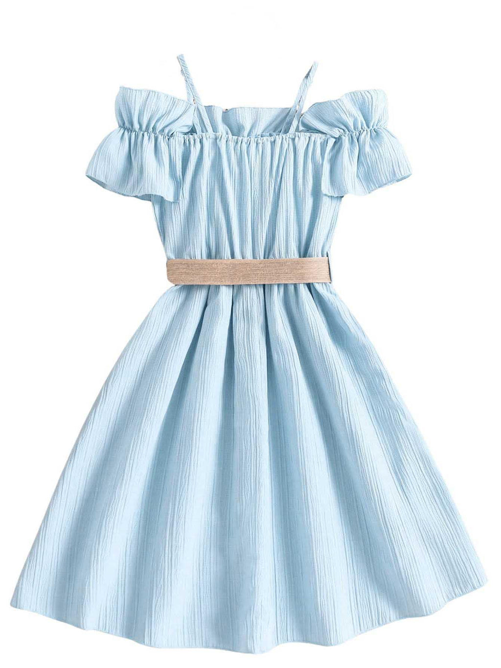 Floerns Girls Cold Shoulder Ruffle Trim Short Sleeve Belted A Line Midi Dress