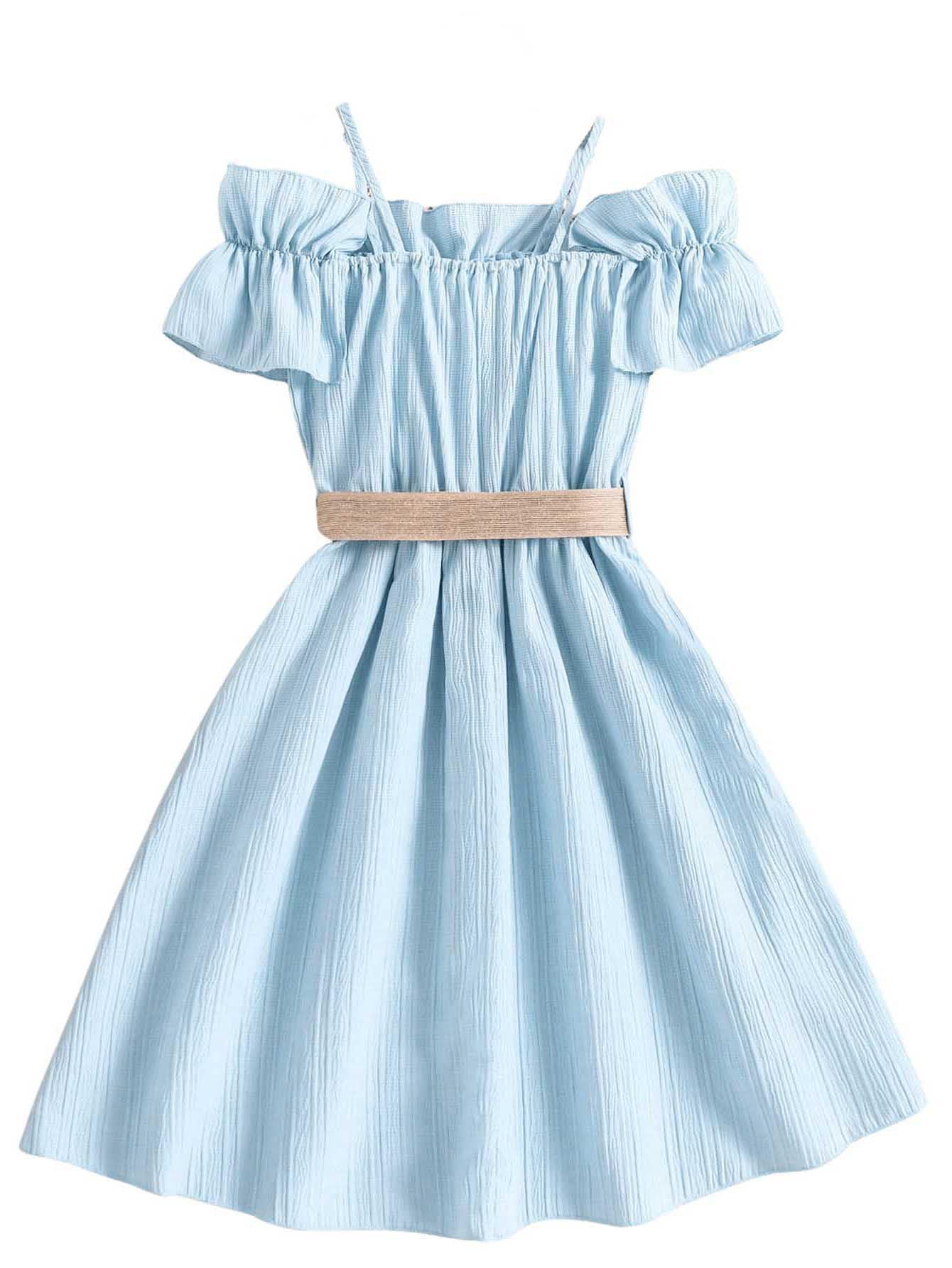 Floerns Girls Cold Shoulder Ruffle Trim Short Sleeve Belted A Line Midi Dress