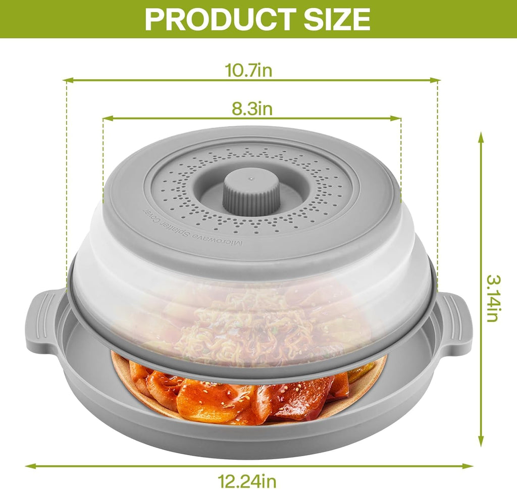 Microwave Splatter Cover for Food with Anti-scald Base Plate,Large Plastic & Silicone Vented Avoid Scalding Collapsible Guard Lid, Plate Holder & Kitchen Colander for Meal Prep-10.7 Inch (2 Pcs BRed)
