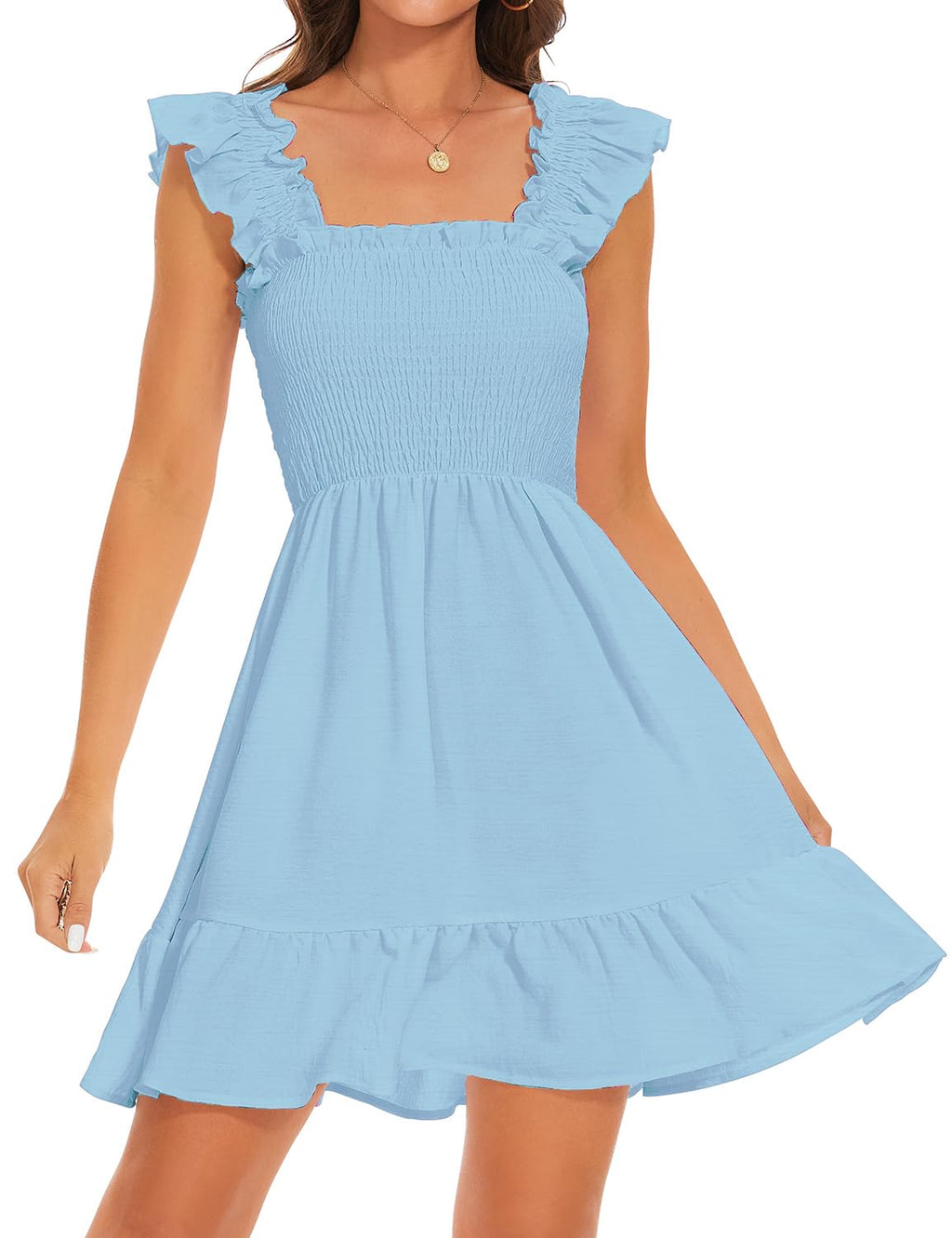 ROYLAMP Women's Smocked Dresses Square Neck Elegant Tiered Boho Ruffle Shoulder Swing Flowy Summer Casual Mini Dress