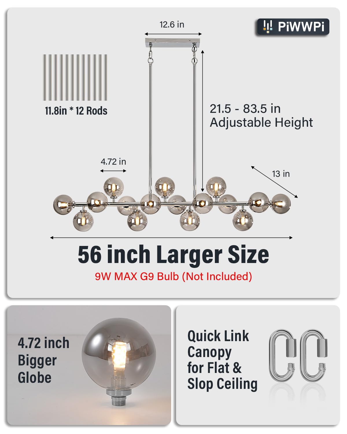Modern Linear Chandeliers for Dining Room, 8-Light Globe Sputnik Pendant Ceiling Light, Black Dining Room Light Fixture Over Table, Mid Century Glass Milk White Bubble, 31.5 Inch, GC-09