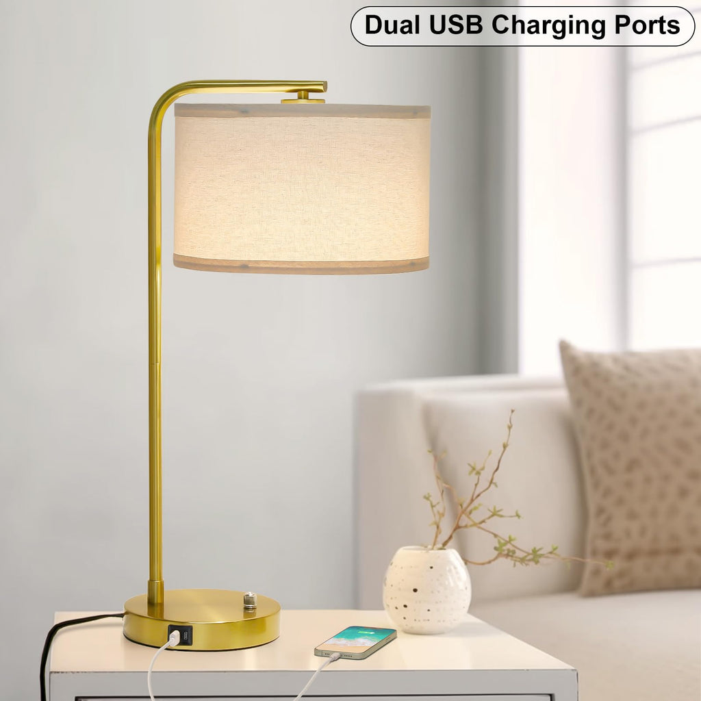 Table Lamps Set of 2, Fully Dimmable Bedside Lamp with USB C+A Charging Ports, Modern Nightstand Lamps with Linen Fabric Shades, Tall Desk Lamp for Bedroom, Living Room, Office, LED Bulb Included