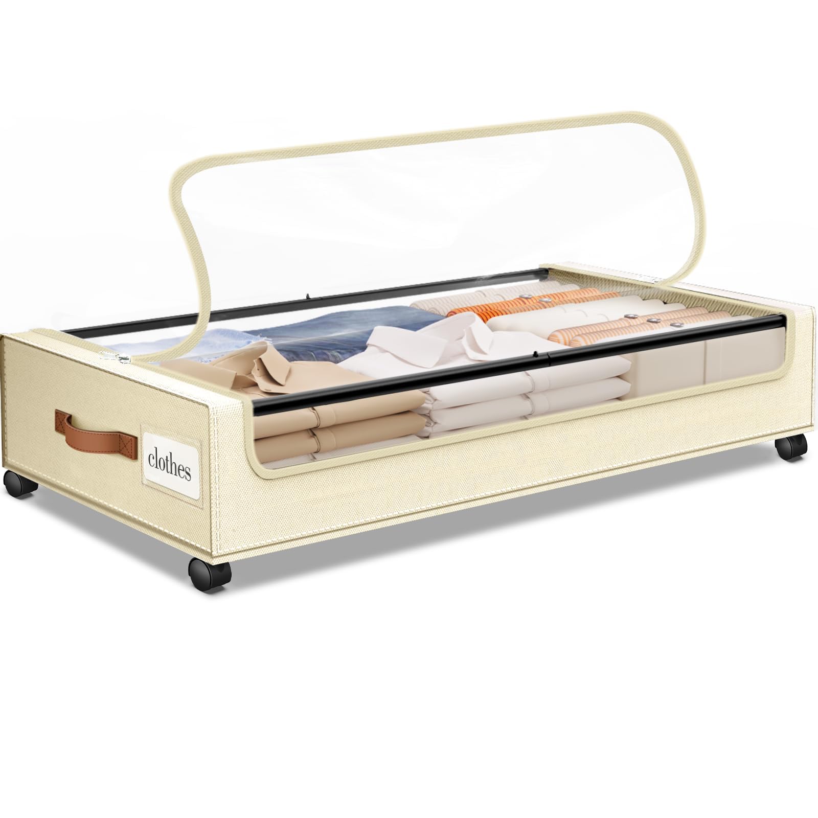 SpaceHacks Under Bed Storage with Wheels 1Pack Underbed Storage with Clear Window&Label Under Bed Drawers Large Capacity Rolling Under Bed Storage for Clothes,Shoes, Blankets (Beige)