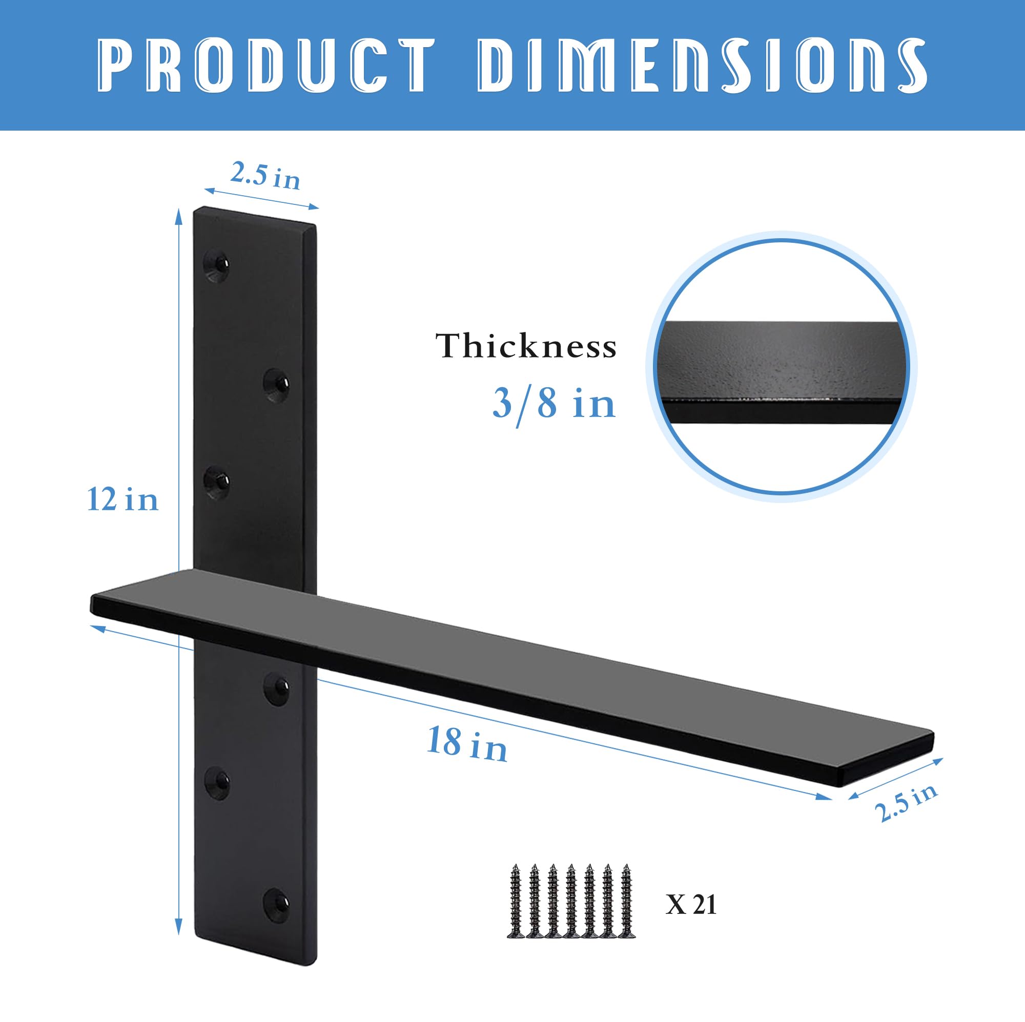 Floating Shelf Bracket 3/8" Thick Heavy Duty Shelf Brackets 2 Pack Free Hanging Countertop Support Bracket 8" Lx2.5 W Floating Wall Brackets for Cabinets, Granite, Dishwasher, Bench Seats Vanities