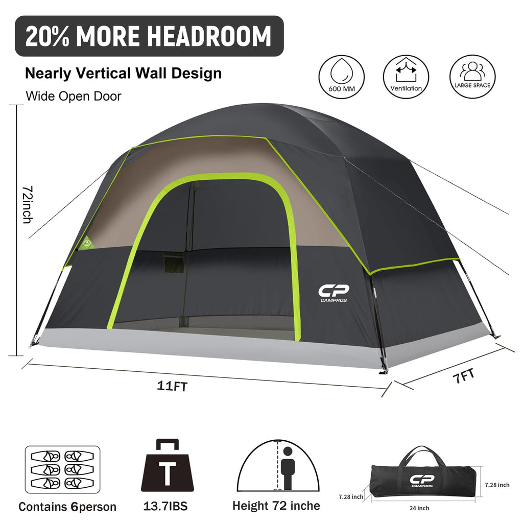 CAMPROS CP Camping Tent 2/4/6 Person, Waterproof Windproof Double Layer Dome Tent, Easy Setup with Large Mesh Windows & Wide Door for Outdoor Camping Backyard