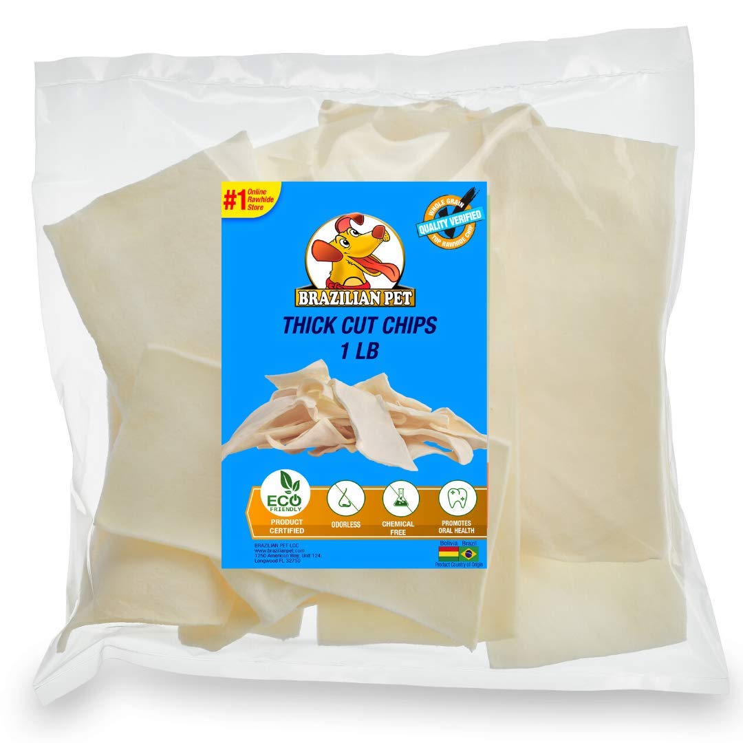 Brazilian Pet Premium Thick Cut Chips, Wholegrain Rawhide (Last Much Longer Than Traditional Chips). 100% Natural. Great Behavioral Dog Chewing Treat Solution. No Preservatives. (1 Pound)