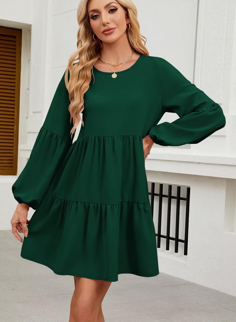 QACOHU Falll Dresses for Women 2026 Crew Neck Long Lantern Sleeve Casual Loose Flowy Swing Shift Dress
