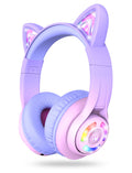 iClever Cat Ear Kids Bluetooth Headphones, LED Lights Up, 74/85dBA Safe Volume Limited, 50H Playtime,Bluetooth 5.2, USB C,Kids Headphones Wireless Over Ear for Travel iPad Tablet, Meow Macaron-Purple