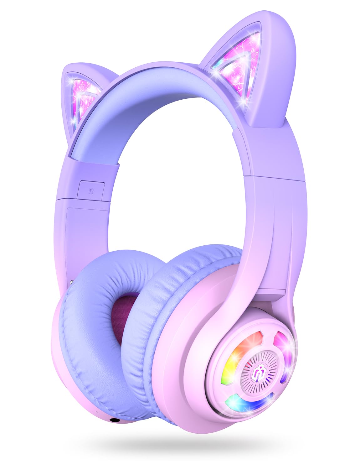 iClever Cat Ear Kids Bluetooth Headphones, LED Lights Up, 74/85dBA Safe Volume Limited, 50H Playtime,Bluetooth 5.2, USB C,Kids Headphones Wireless Over Ear for Travel iPad Tablet, Meow Macaron-Purple