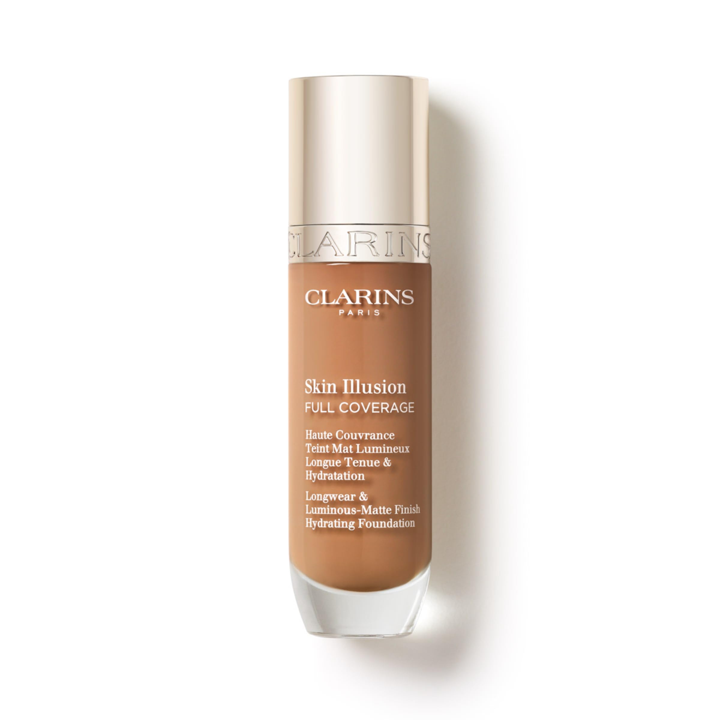 Clarins Skin Illusion Longwear Full Coverage Foundation|Luminous Matte Finish|24H Hold and 24H Hydration|Natural Looking|Transfer, Sweat and Smudge Proof| Contains Hyaluronic Acid|1 Fl Oz