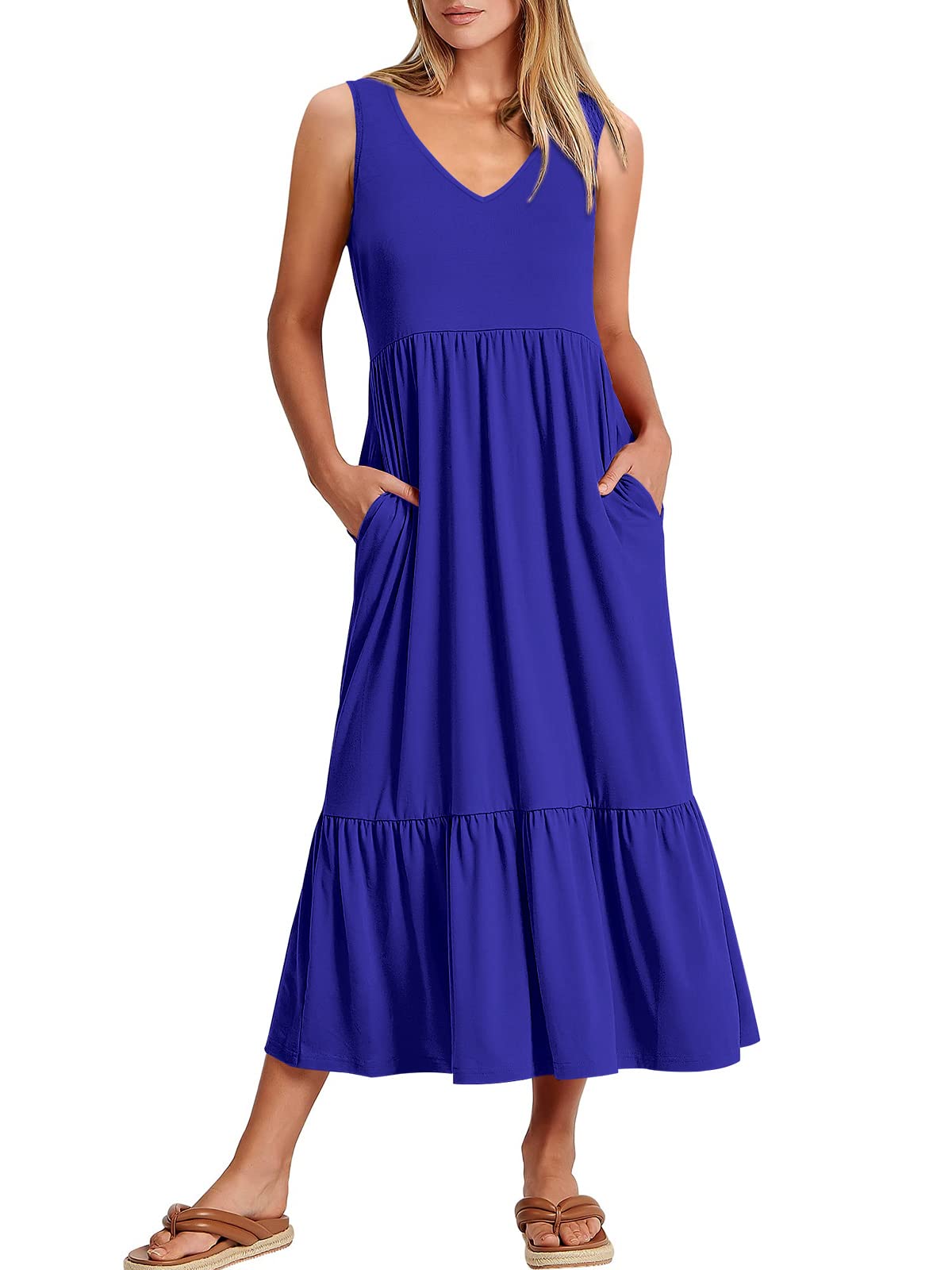 ANRABESS Women Summer Maxi Dresses A-line Tiered Flowy V Neck Sleeveless Swing 2026 Casual Beach Travel Sundress with Pockets