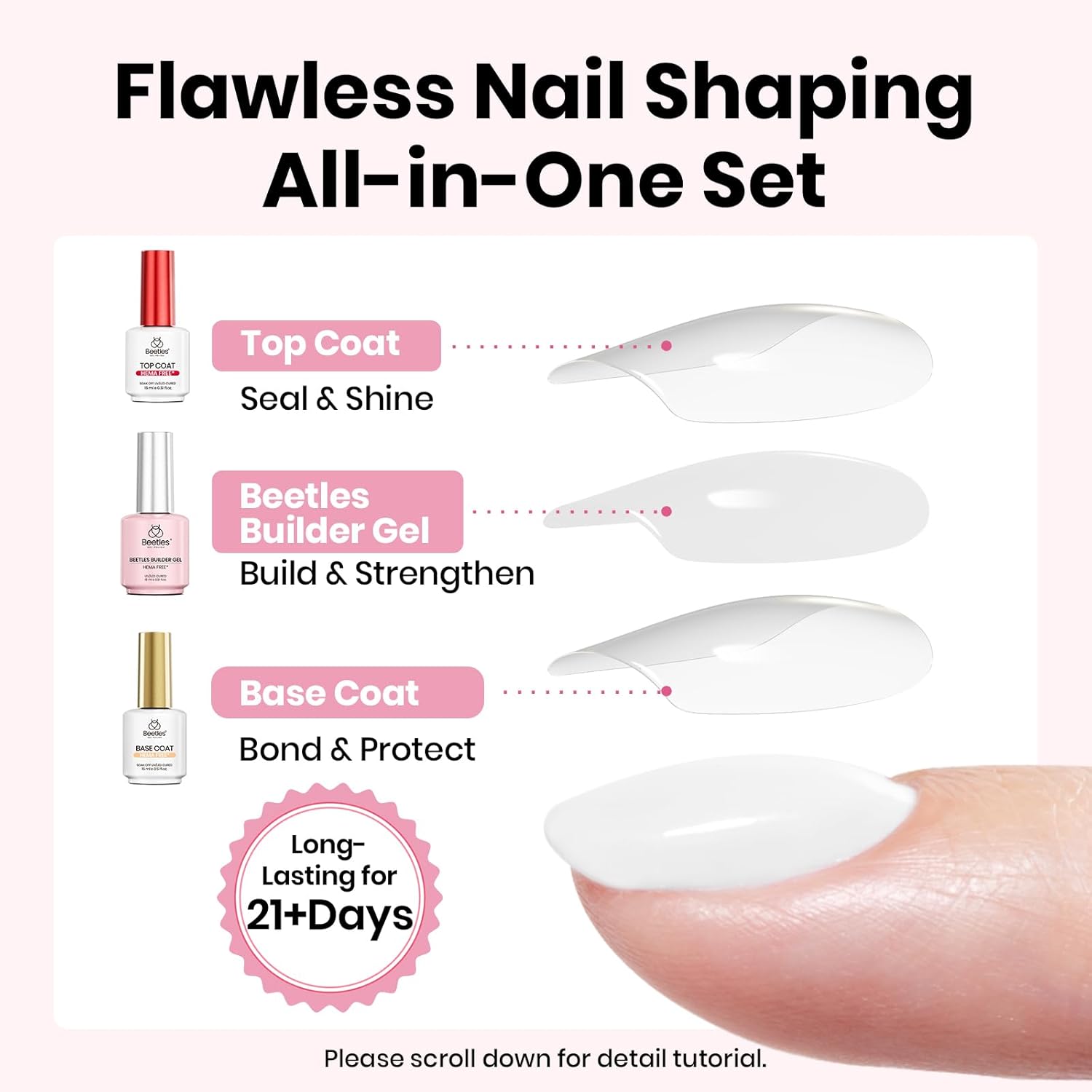 Beetles 2Pcs 15ml Gel Base and Top Coat Set - Upgrade No Wipe Extra Glossy Top Coat Finish for Gel Nail Polish, Soak Off UV/LED Lamp Needed, Essentials for Long-Lasting Manicure Kit