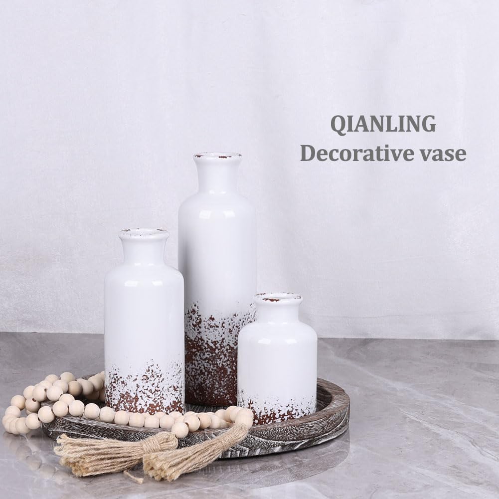 Ceramic Vase Set - 3 Ceramic Small Vases, Farmhouse Country Flower Vase Home Decor, Living Room Decoration, Table Decoration, Fireplace Decor, and Entrance Decorations Centerpieces