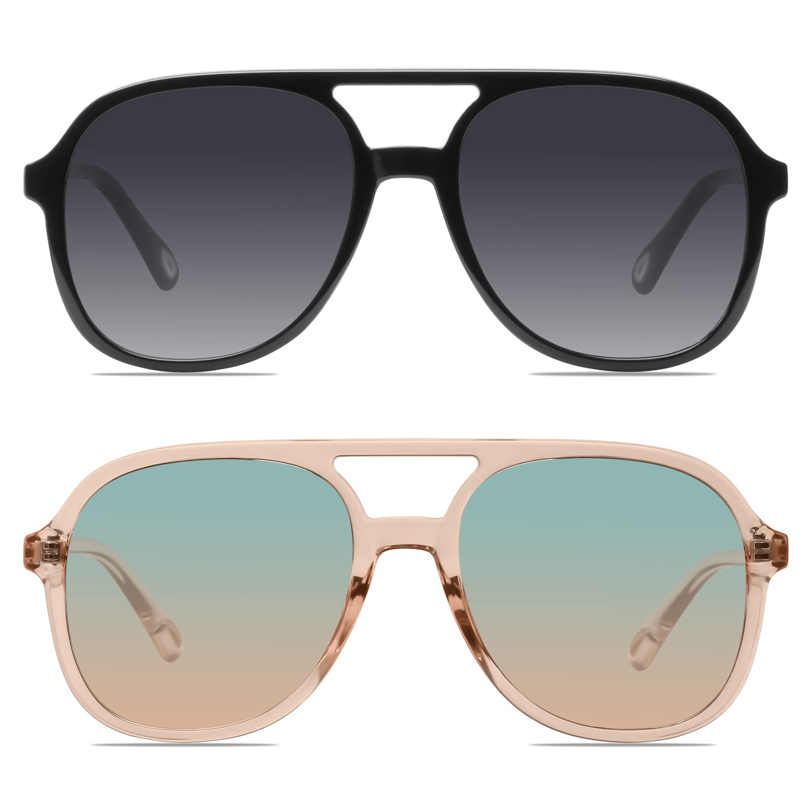 YDAOWKN Retro Square Aviator Sunglasses for Womens Mens Vintage 70s Double Bridge Sun Glasses