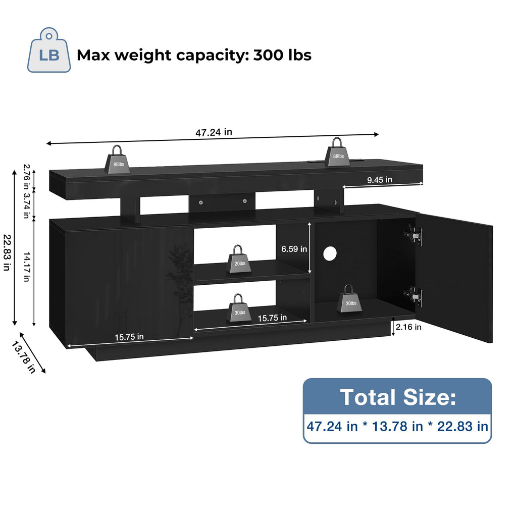 HOMMPA Modern LED TV Stand for 55 Inch TV, Black Tall TV Console with Power Outlet, Entertainment Center with Storage, High Gloss Gaming Media Console Cabinet for Living Room (47 Inch)