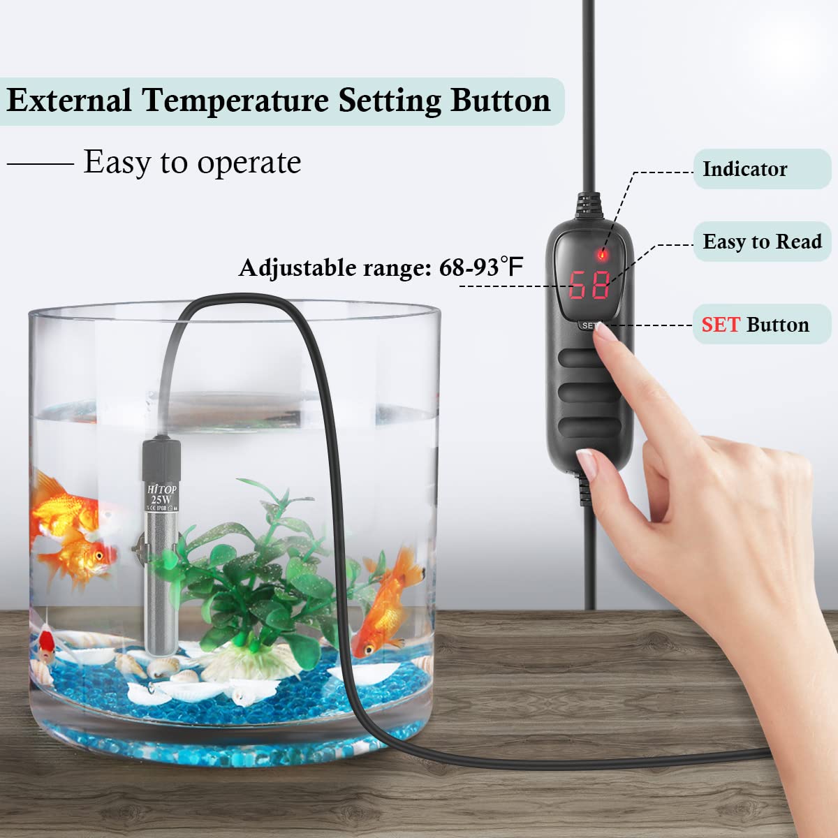 HITOP Compact Submersible Aquarium Heater -25W Digital Heater for Fish Tank Turtle Tank, for Saltwater and Fresh Water with Temperature Controller