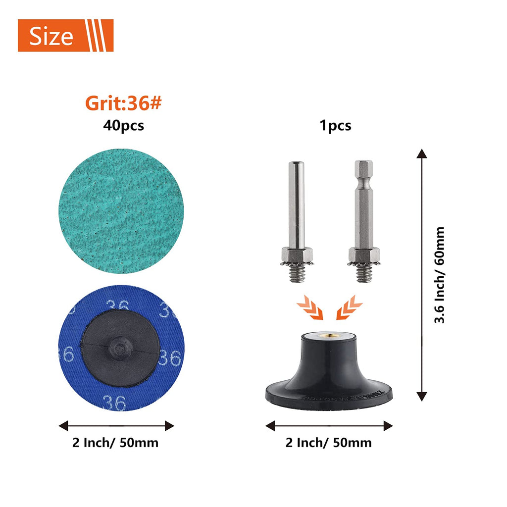 Tshya Quick Change Grinding Disc, 50 Pcs 2 inch Sanding Discs, Zirconia Coated Twist on Disc for Surface Prep (36 Grit)