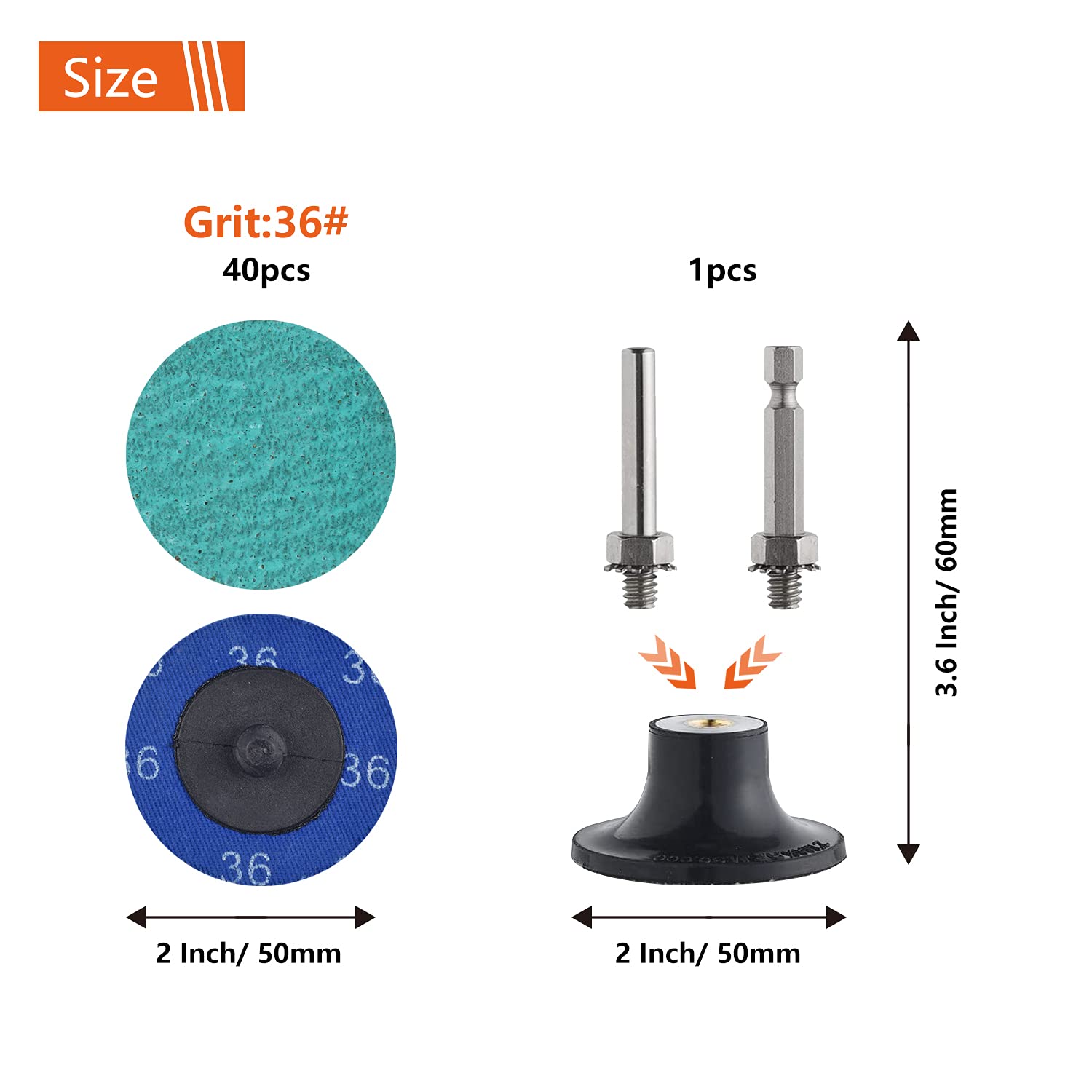 Tshya Quick Change Grinding Disc, 50 Pcs 2 inch Sanding Discs, Zirconia Coated Twist on Disc for Surface Prep (36 Grit)