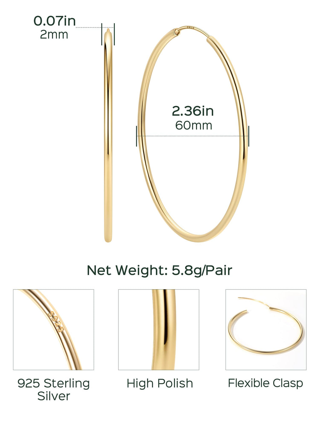 ChicSilver 925 Sterling Silver Hoop Earrings for Women Hypoallergenic, Lightweight Large Gold Plated Silver Hoop Earrings, Endless Hoops Earring 20/30/40/50/60/70MM