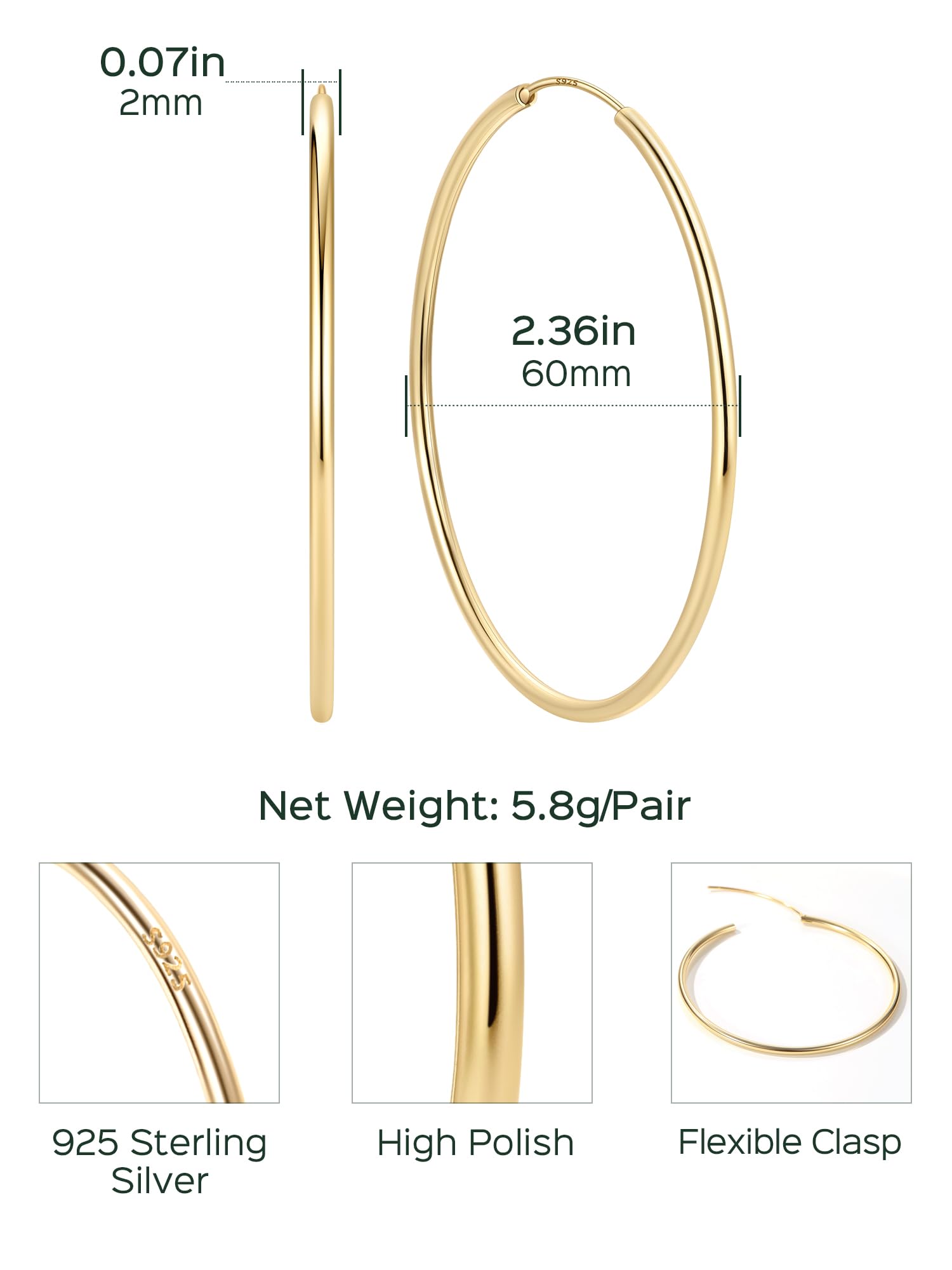 ChicSilver 925 Sterling Silver Hoop Earrings for Women Hypoallergenic, Lightweight Large Gold Plated Silver Hoop Earrings, Endless Hoops Earring 20/30/40/50/60/70MM